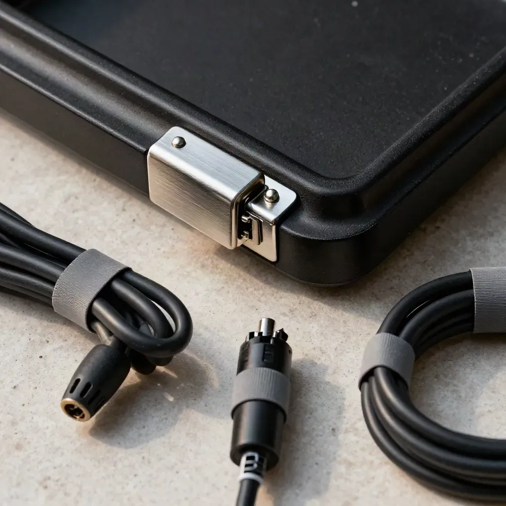 Tray stands, a latch, and coiled event cable on pale stone in dramatic macro light.