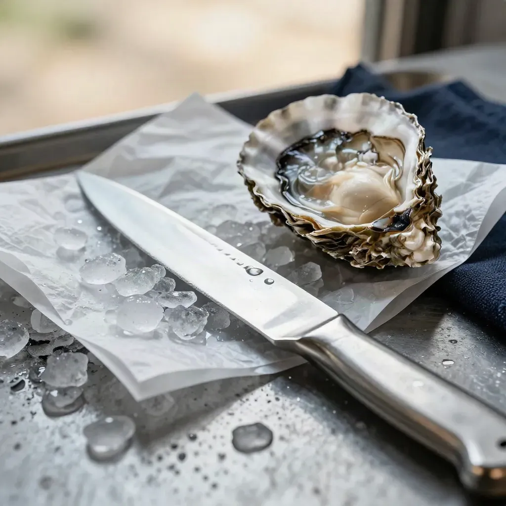 Macro of oyster knife, shell fragments and melting ice on a seafood prep bench.