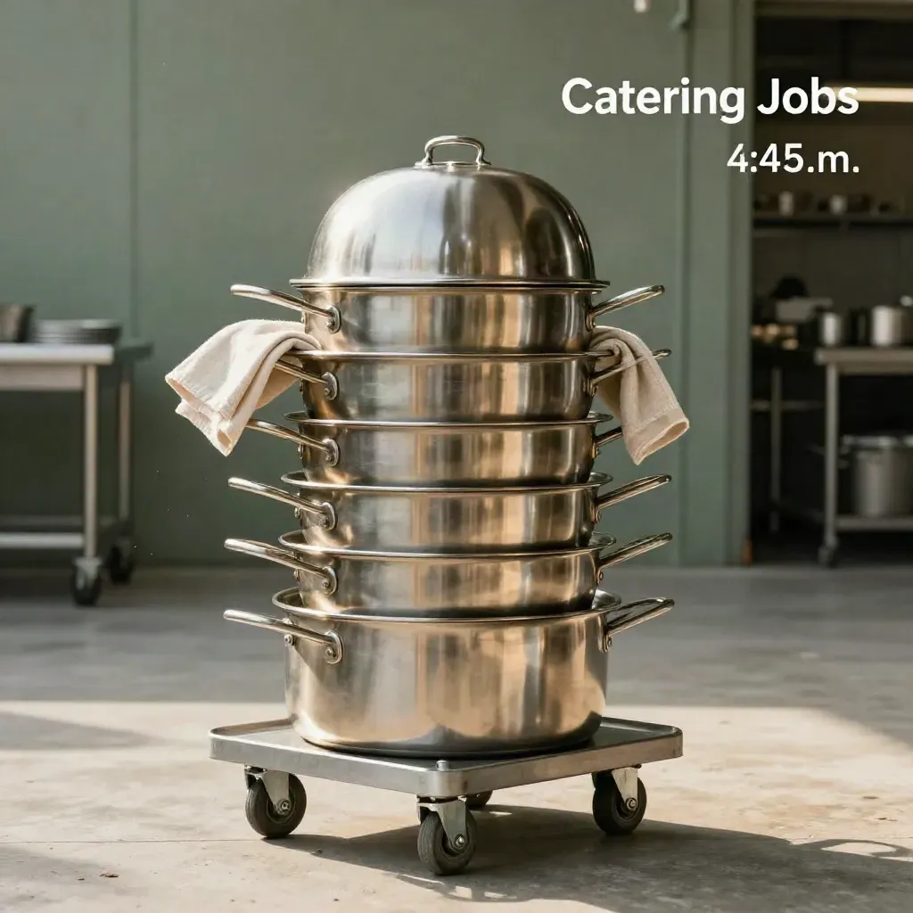 Stainless catering pans, cloche, linen, and service cart in a dramatic back-of-house hero shot.