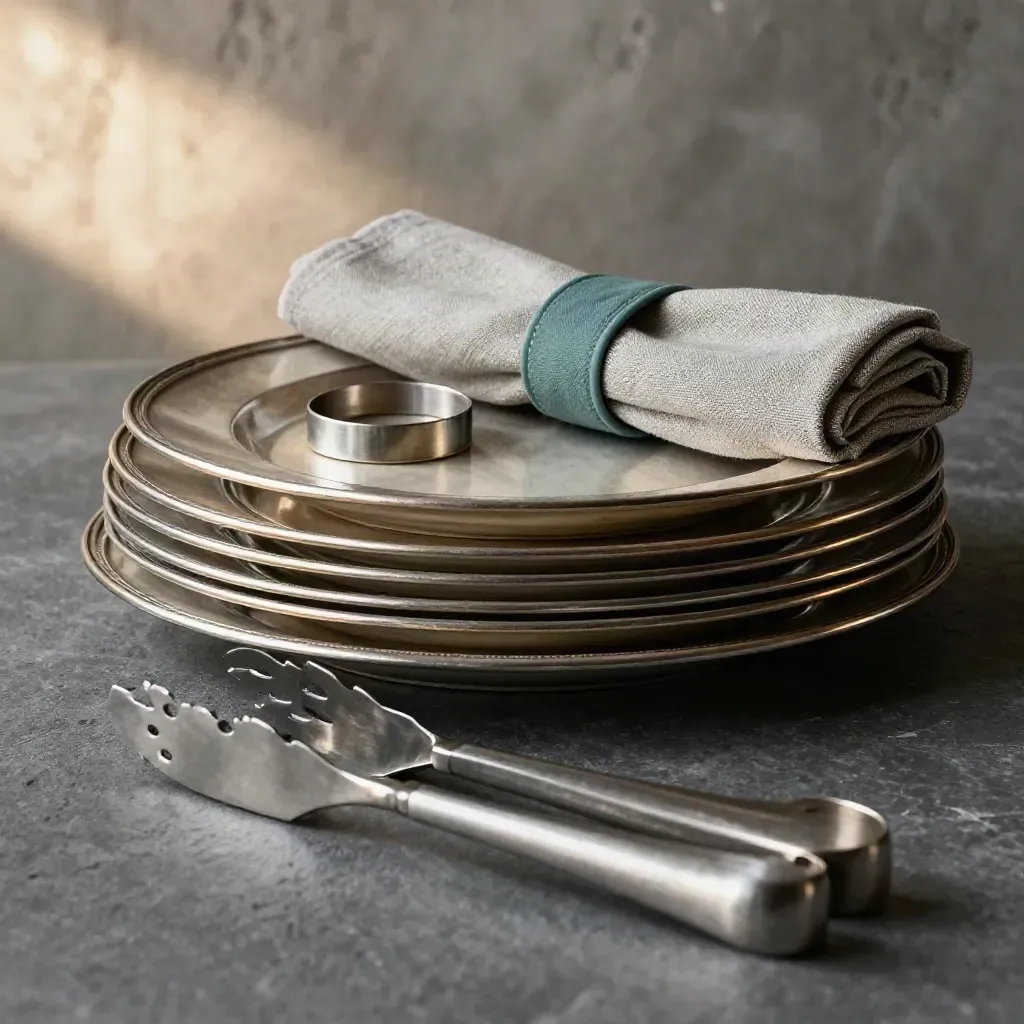 Banquet charger plates, linen ring, and serving tongs on stone in dramatic studio light.