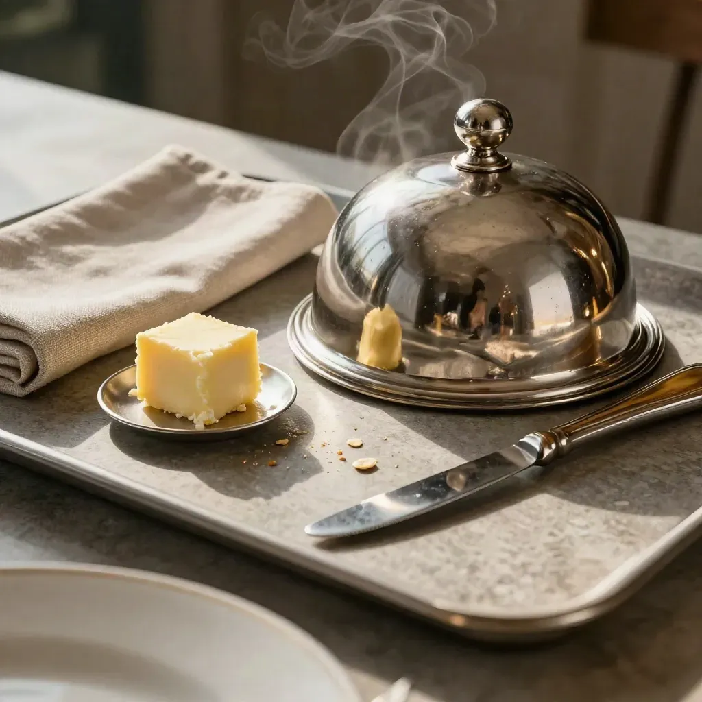 Silver cloche, butter bell, linen napkin and bread knife on stone with soft steam