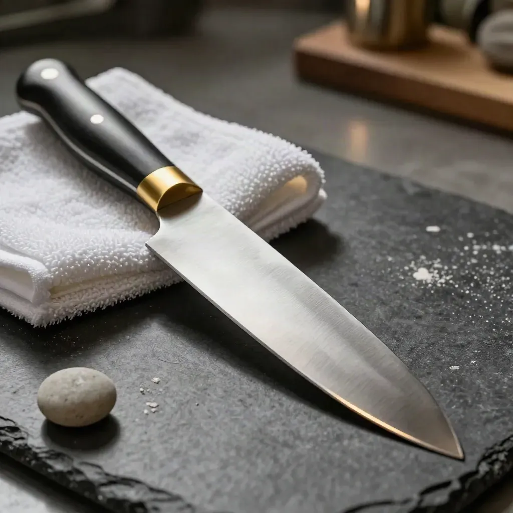 Chef’s knife and honing steel with towel and pebble weight on stone surface