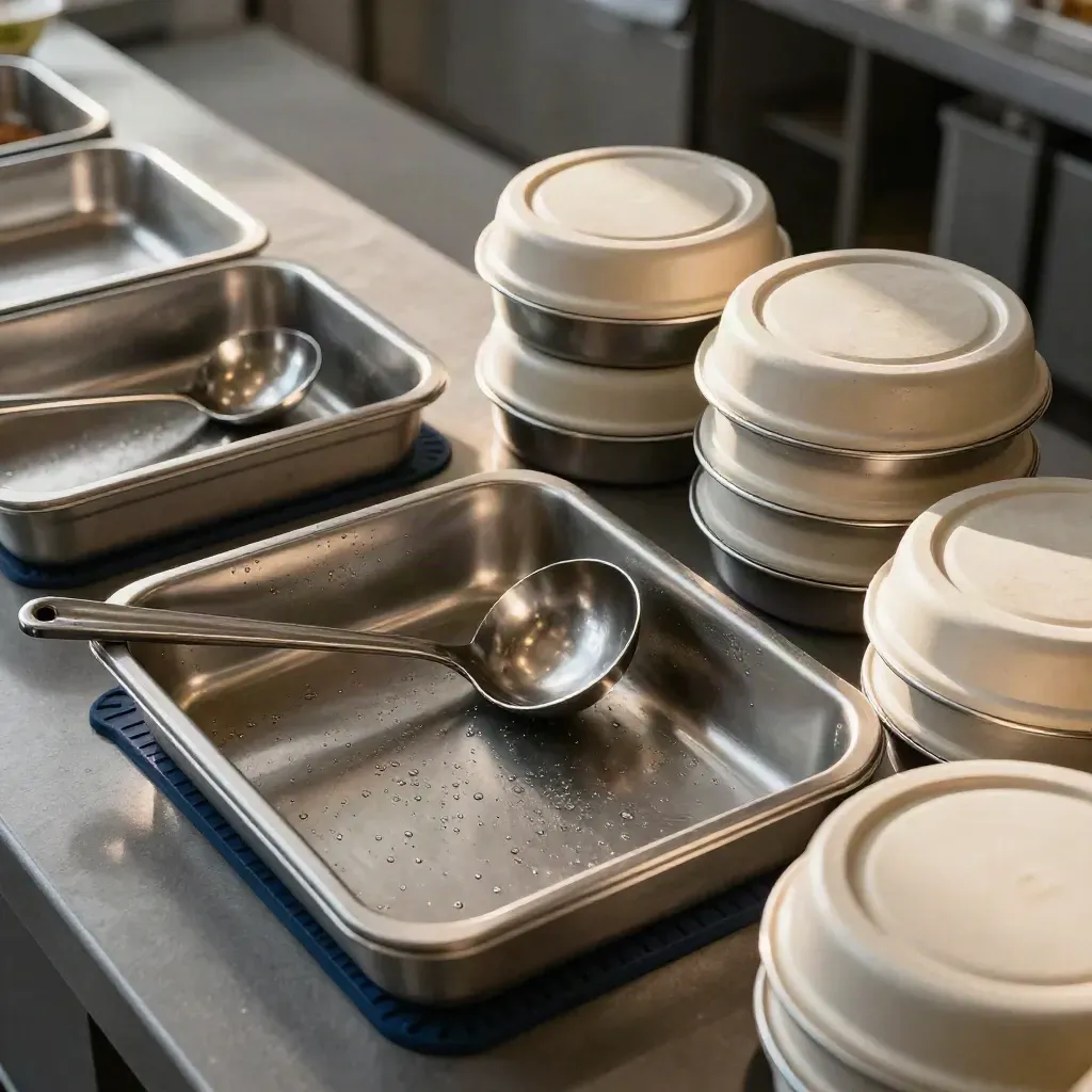 Overhead catering trays, ladle, and stacked dome lids on a graphite prep surface.