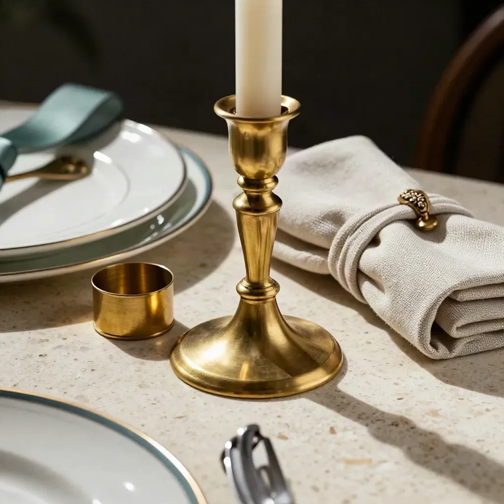 Brass candlestick, snuffer, linen knot, and charger plate on travertine, shot low through metal rack.