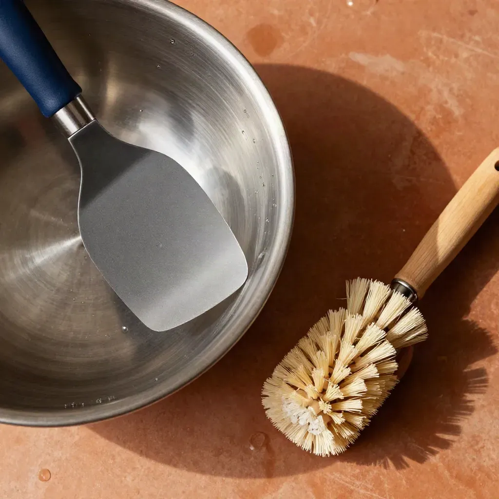 Flat lay of a bench scraper, dish brush, stainless bowl rim, and water droplets on terracotta stone.