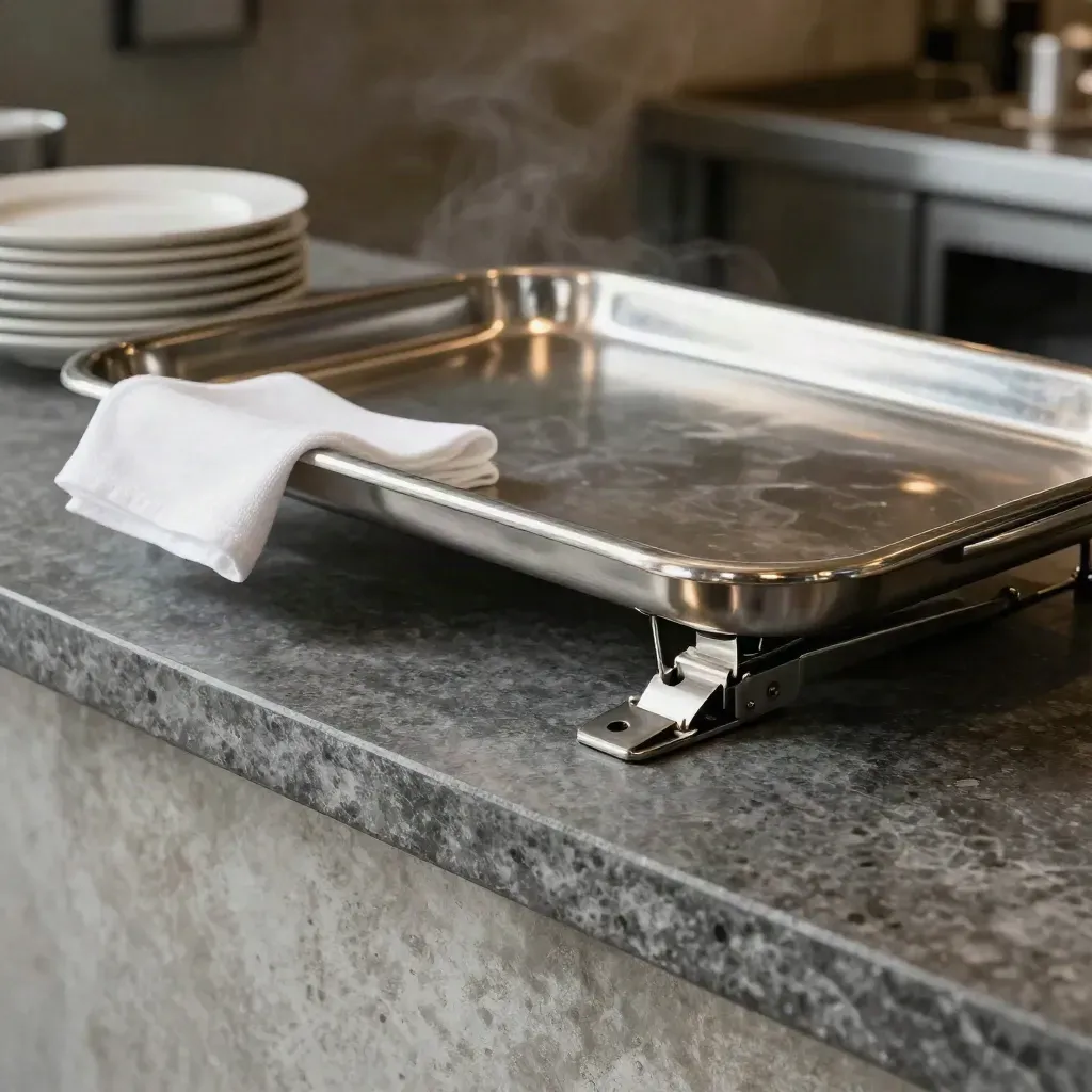 Banquet tray on a stand hinge with folded napkin in a dim catering prep bay