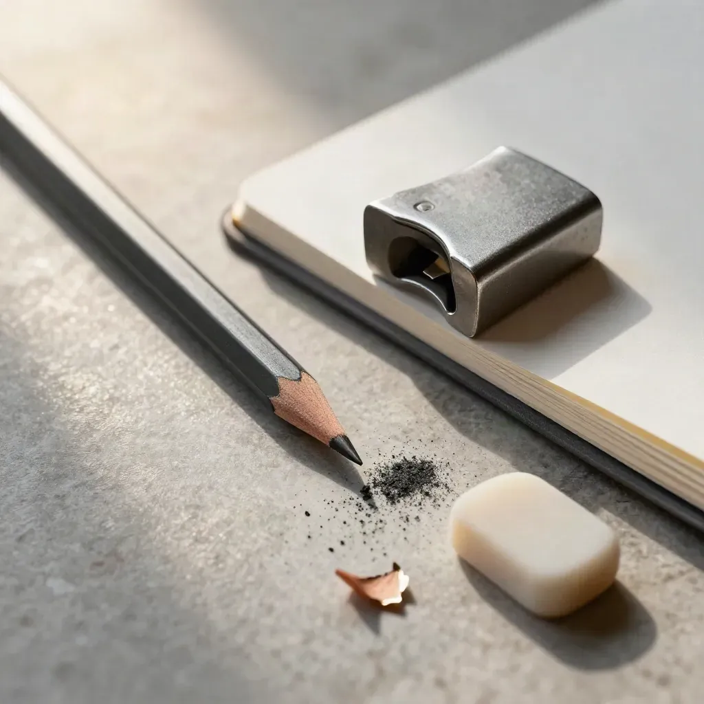 Macro flat lay of a pencil, eraser, paperweight and notebook on stone.