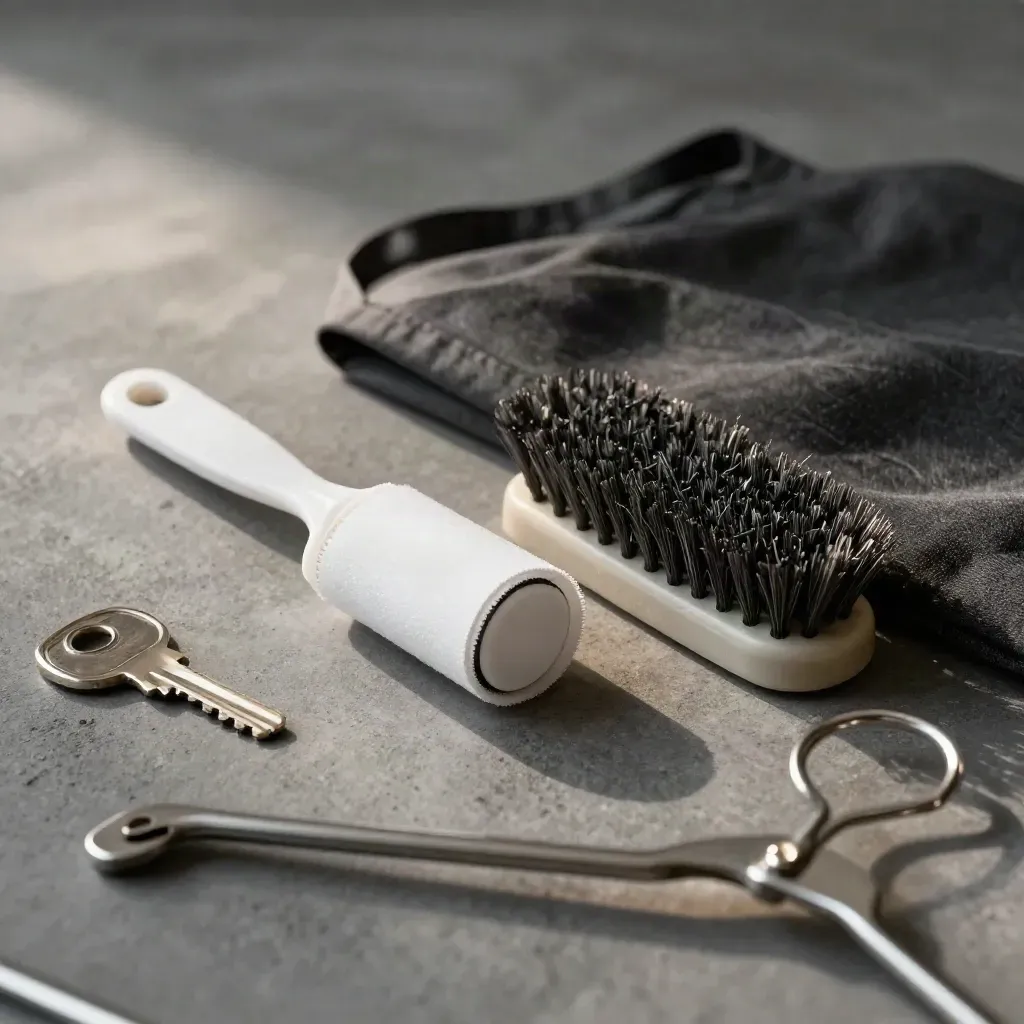 Lint roller, shoe brush, collar stays and folded apron on concrete, shot through a hanger hook.