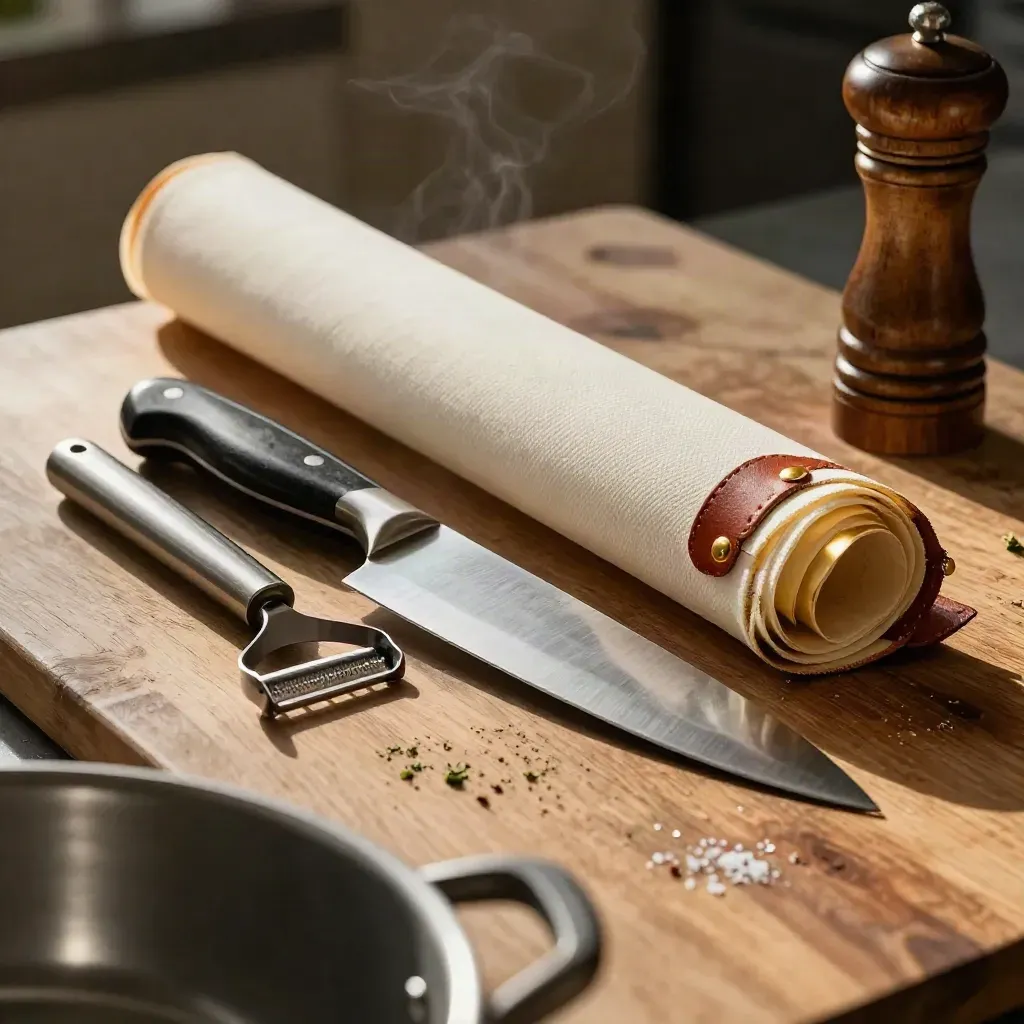 Chef knife roll, mandoline guard, peeler, and pepper mill on a prep counter in soft daylight.