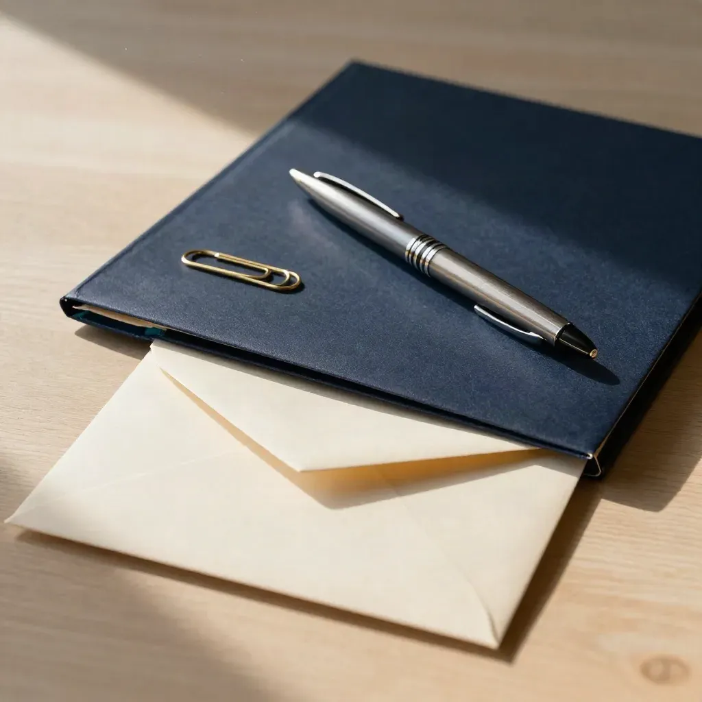 Navy hiring folder with pen, brass clip and envelope on pale wood in soft daylight.