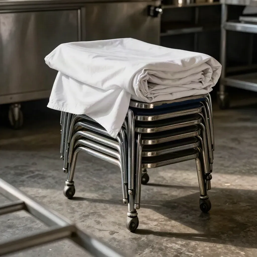 Banquet chair glides, tray stand feet, and rolled linen in a catering load-out bay.