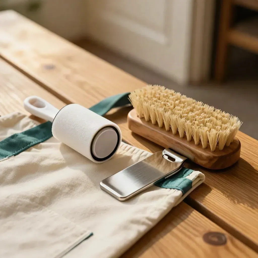 Lint roller, shoe brush, apron and collar stay on an oak bench, seen through a doorway blur.
