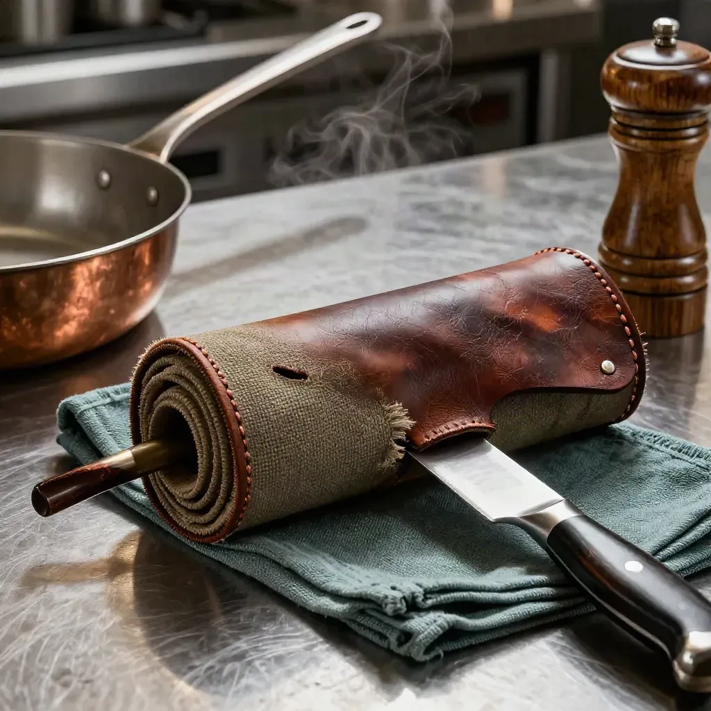 Chef’s knife roll, copper sauté pan handle and pepper mill on a steamy kitchen prep station.