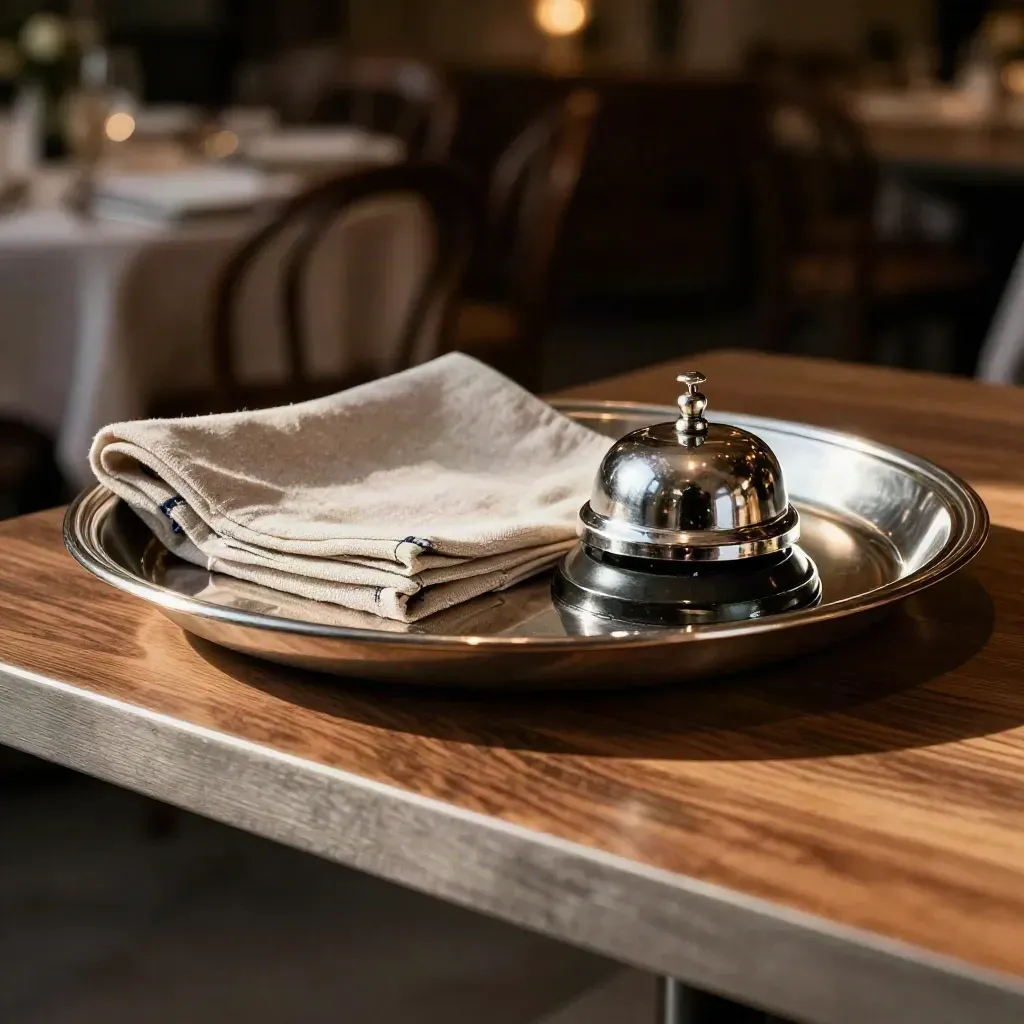 Stacked banquet trays, linen and a service bell on a dark service station