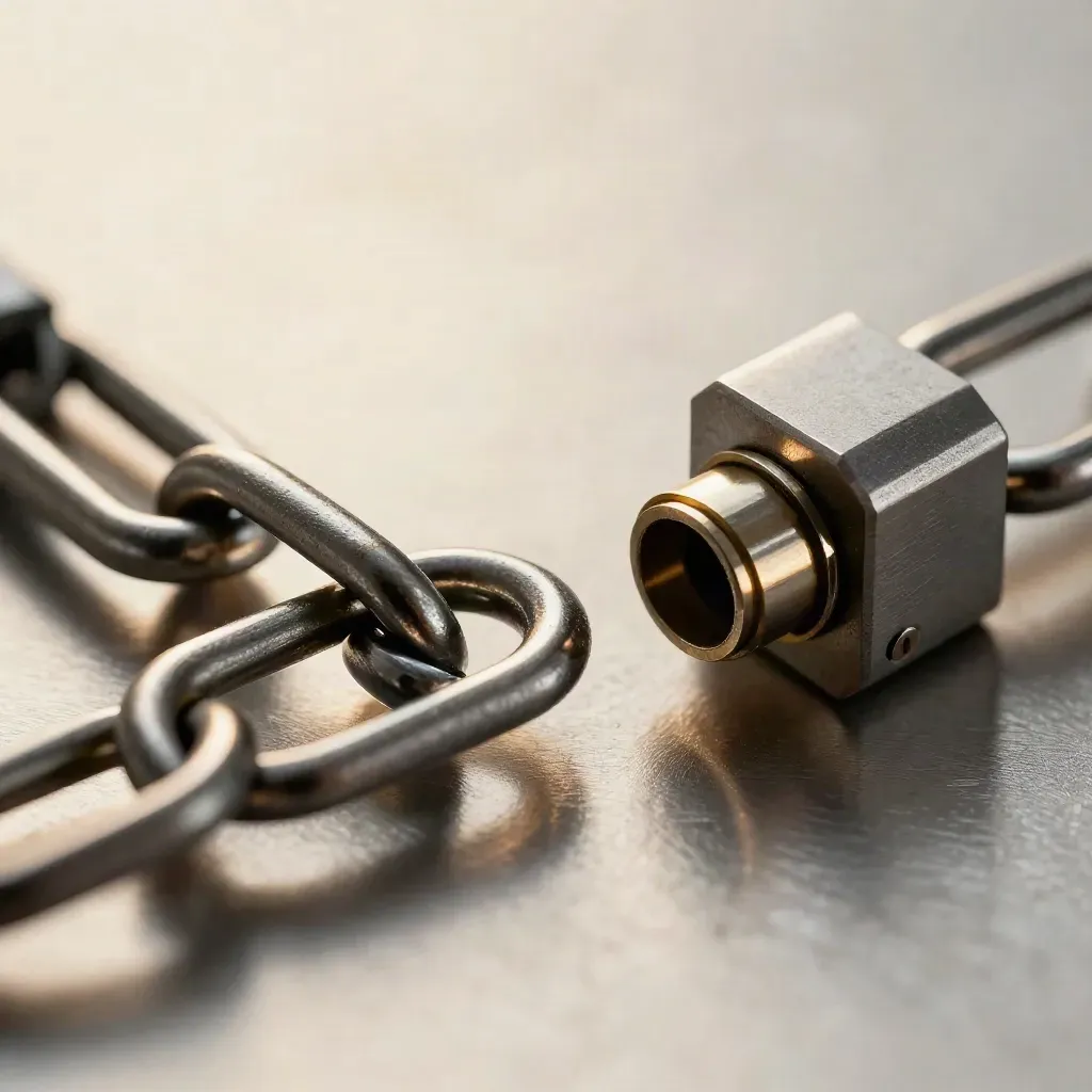 Macro still life of linked metal rings and connector block on brushed metal with gold accents.