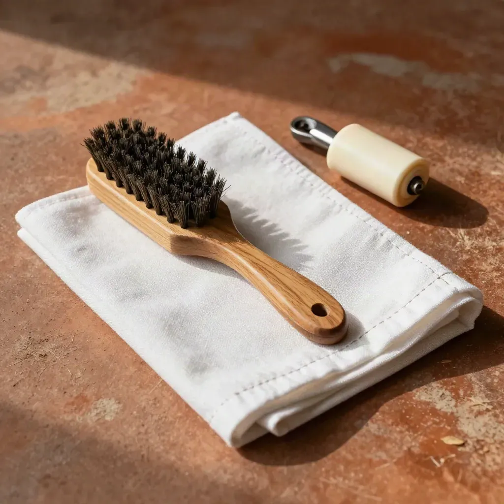 Flat lay of apron, shoe brush, lint roller and linen napkin on terracotta surface