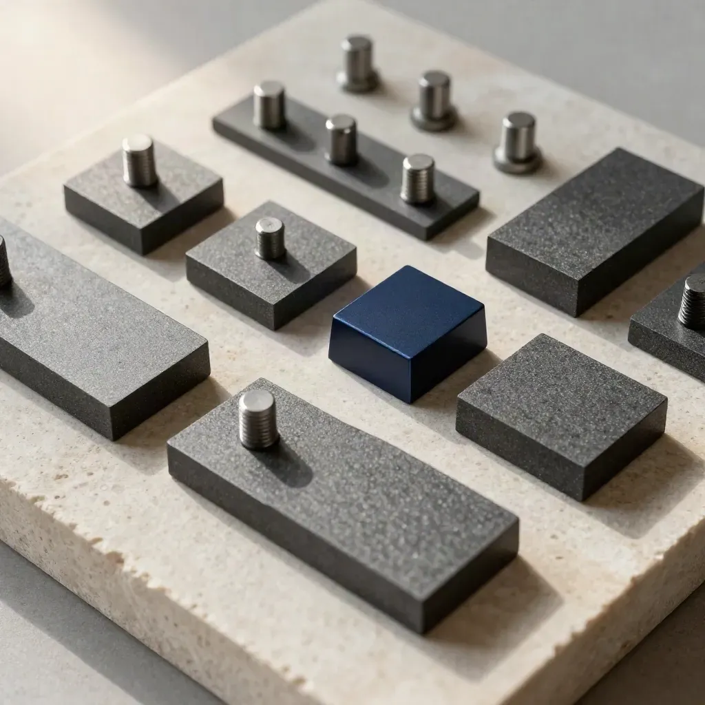 Graphite blocks, alignment pins, and a spacer wedge arranged in a precise grid on pale stone.