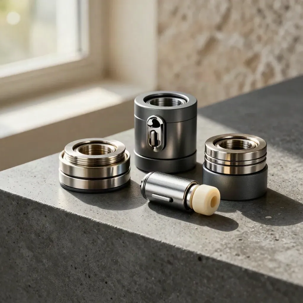Premium graphite hardware clasp with stacked washers on concrete, lit by soft upper-left daylight.