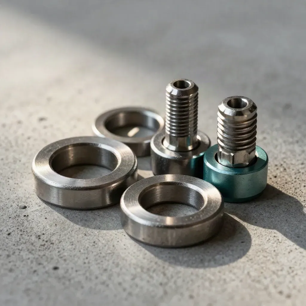 Macro of linked metal rings, washers, and dowels on concrete with a muted teal accent.