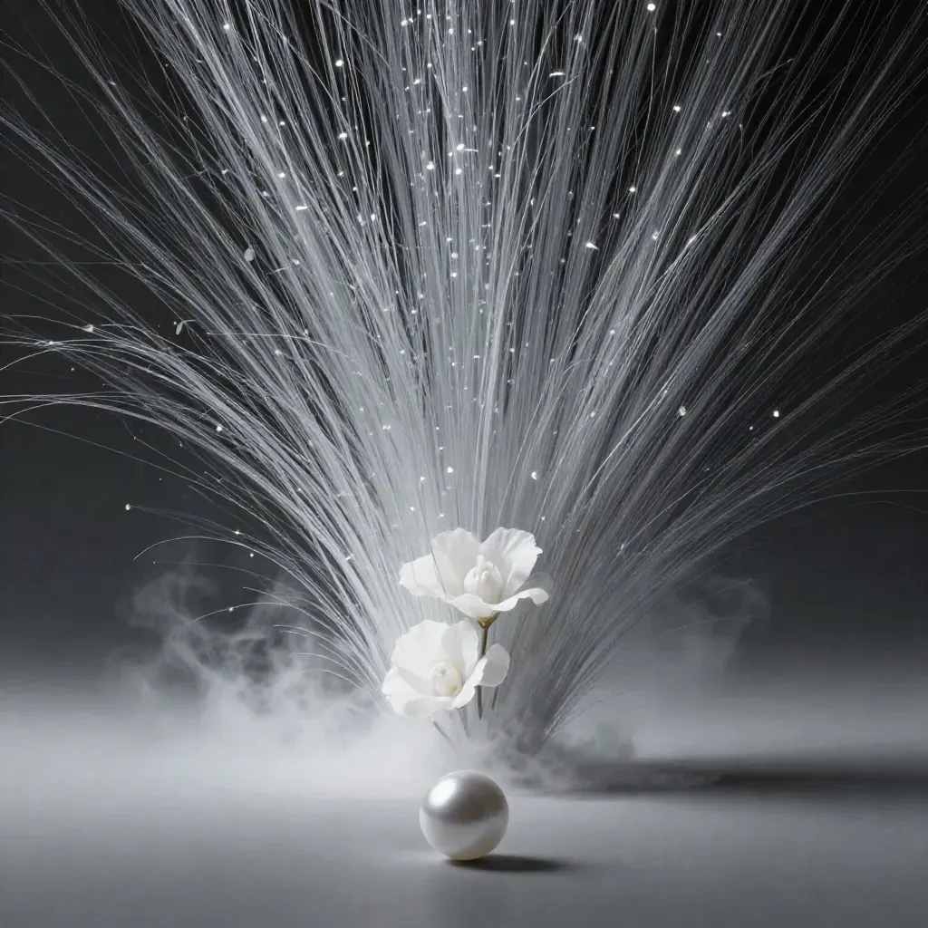 Silver light filaments bloom in graphite haze, with open calm space below for copy.