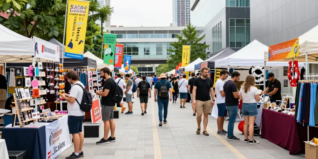 Dynamic market scene showcasing rokok88 merchandise in an urban setting.